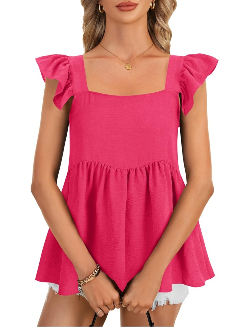 Women’s Pink Ruffle Sleeve Square Neck Top